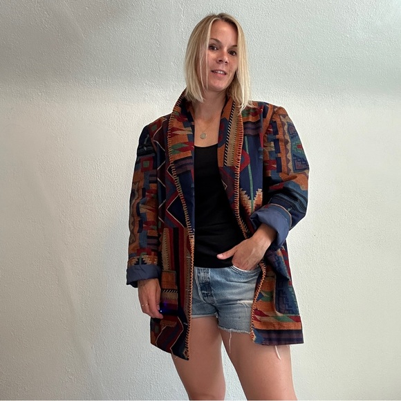 Vintage 80s 90s woven tapestry Indian blanked Aztec blazer jacket coat - Picture 1 of 13